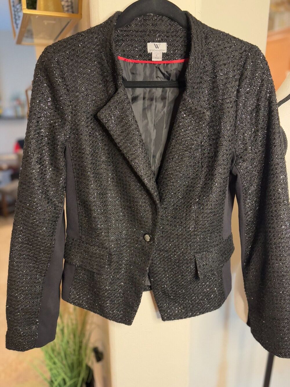 WORTHINGTON Black Boucle Sparkle Jacket Size L Shimmery Textured Career Blazer